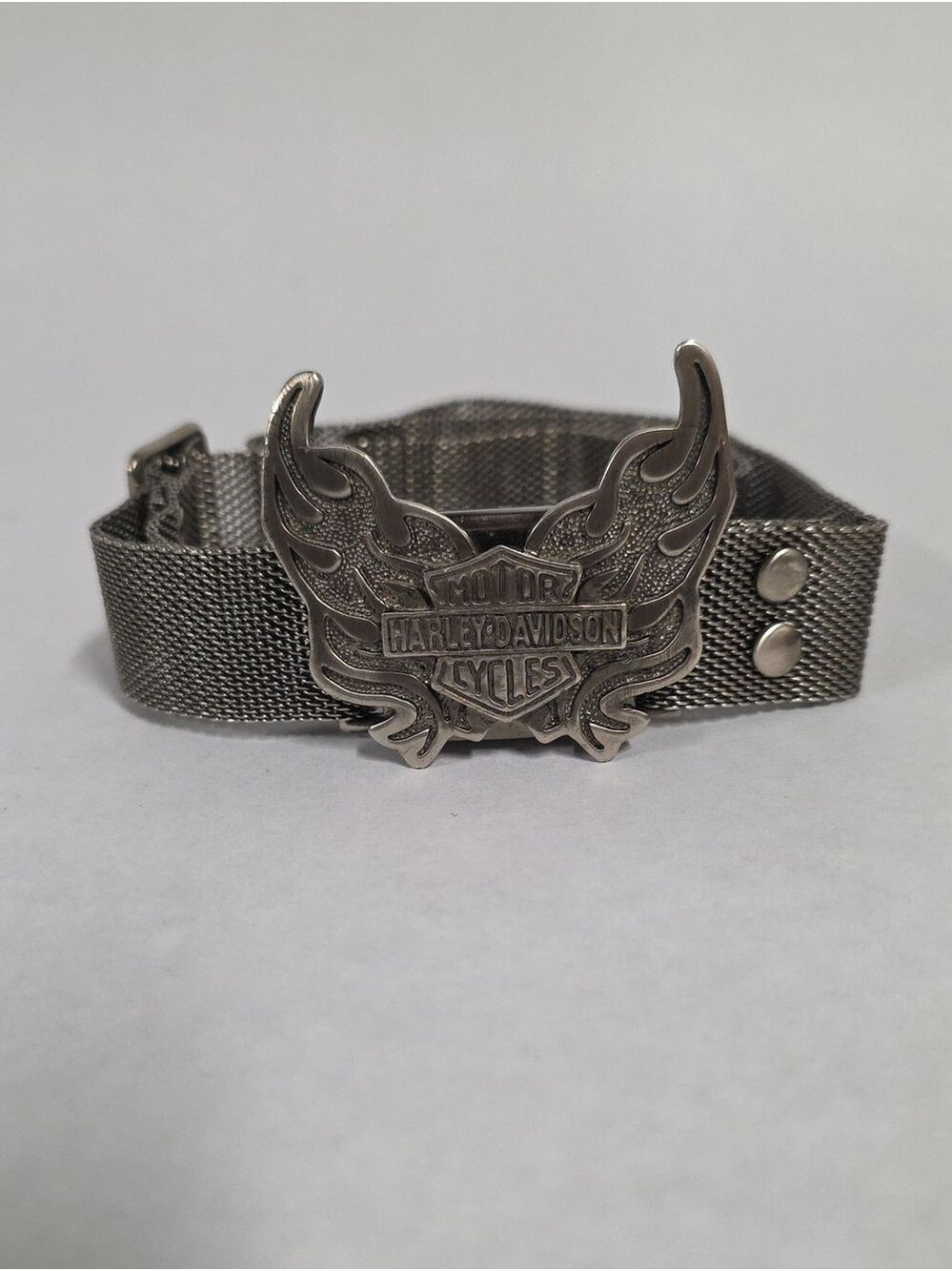 Vtg Harley-Davidson Mesh Silver Belt Winged Eagle Shield Logo Buckle Adjustable